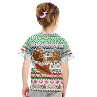 Iran Christmas Kid T Shirt with Santa Sleigh Reindeer Map and Green Red Snowflake Pattern - Wonder Print Shop