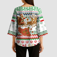 Iran Christmas Kimono Sleeve Blouse with Santa Sleigh Reindeer Map and Green Red Snowflake Pattern - Wonder Print Shop