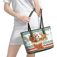 Iran Christmas Leather Tote Bag with Santa Sleigh Reindeer Map and Green Red Snowflake Pattern - Wonder Print Shop