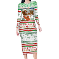 Iran Christmas Long Sleeve Bodycon Dress with Santa Sleigh Reindeer Map and Green Red Snowflake Pattern - Wonder Print Shop