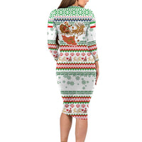 Iran Christmas Long Sleeve Bodycon Dress with Santa Sleigh Reindeer Map and Green Red Snowflake Pattern - Wonder Print Shop