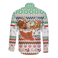 Iran Christmas Long Sleeve Button Shirt with Santa Sleigh Reindeer Map and Green Red Snowflake Pattern - Wonder Print Shop