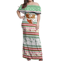 Iran Christmas Off Shoulder Maxi Dress with Santa Sleigh Reindeer Map and Green Red Snowflake Pattern - Wonder Print Shop