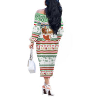 Iran Christmas Off The Shoulder Long Sleeve Dress with Santa Sleigh Reindeer Map and Green Red Snowflake Pattern - Wonder Print Shop