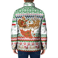 Iran Christmas Padded Jacket with Santa Sleigh Reindeer Map and Green Red Snowflake Pattern - Wonder Print Shop