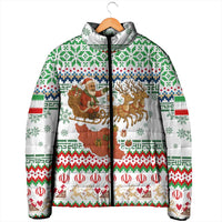 Iran Christmas Padded Jacket with Santa Sleigh Reindeer Map and Green Red Snowflake Pattern - Wonder Print Shop