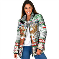 Iran Christmas Padded Jacket with Santa Sleigh Reindeer Map and Green Red Snowflake Pattern - Wonder Print Shop