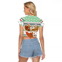 Iran Christmas Raglan Cropped T Shirt with Santa Sleigh Reindeer Map and Green Red Snowflake Pattern - Wonder Print Shop