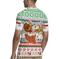 Iran Christmas Rugby Jersey with Santa Sleigh Reindeer Map and Green Red Snowflake Pattern - Wonder Print Shop