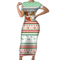 Iran Christmas Short Sleeve Bodycon Dress with Santa Sleigh Reindeer Map and Green Red Snowflake Pattern - Wonder Print Shop