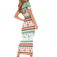 Iran Christmas Short Sleeve Bodycon Dress with Santa Sleigh Reindeer Map and Green Red Snowflake Pattern - Wonder Print Shop