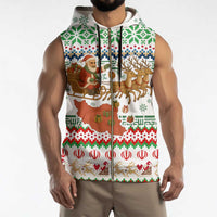 Iran Christmas Sleeveless Zip Hoodie with Santa Sleigh Reindeer Map and Green Red Snowflake Pattern - Wonder Print Shop