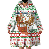 Iran Christmas Wearable Blanket Hoodie with Santa Sleigh Reindeer Map and Green Red Snowflake Pattern - Wonder Print Shop