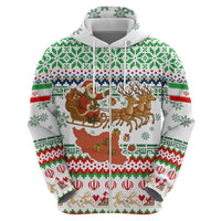 Iran Christmas Zip Hoodie with Santa Sleigh Reindeer Map and Green Red Snowflake Pattern - Wonder Print Shop