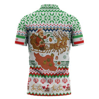 Iran Christmas Zipper Polo Shirt with Santa Sleigh Reindeer Map and Green Red Snowflake Pattern - Wonder Print Shop