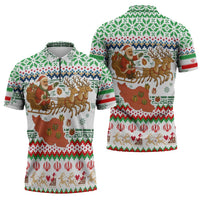 Iran Christmas Zipper Polo Shirt with Santa Sleigh Reindeer Map and Green Red Snowflake Pattern - Wonder Print Shop