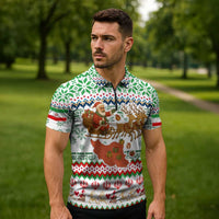 Iran Christmas Zipper Polo Shirt with Santa Sleigh Reindeer Map and Green Red Snowflake Pattern - Wonder Print Shop
