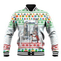 Iran Christmas Baseball Jacket with Santa Taking Photos Ancient Columns and Snowflake Gift Pattern - Wonder Print Shop