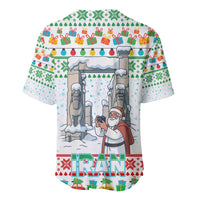 Iran Christmas Baseball Jersey with Santa Taking Photos Ancient Columns and Snowflake Gift Pattern - Wonder Print Shop