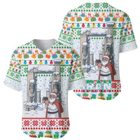 Iran Christmas Baseball Jersey with Santa Taking Photos Ancient Columns and Snowflake Gift Pattern - Wonder Print Shop