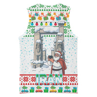 Iran Christmas Basketball Jersey with Santa Taking Photos Ancient Columns and Snowflake Gift Pattern - Wonder Print Shop