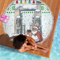 Iran Christmas Beach Blanket with Santa Taking Photos Ancient Columns and Snowflake Gift Pattern - Wonder Print Shop
