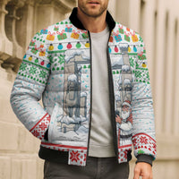 Iran Christmas Bomber Puffer Jacket with Santa Taking Photos Ancient Columns and Snowflake Gift Pattern - Wonder Print Shop