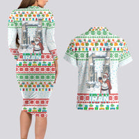 Iran Christmas Couples Matching Long Sleeve Bodycon Dress and Hawaiian Shirt with Santa Taking Photos Ancient Columns and Snowflake Gift Pattern - Wonder Print Shop