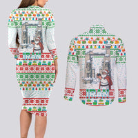 Iran Christmas Couples Matching Long Sleeve Bodycon Dress and Long Sleeve Button Shirt with Santa Taking Photos Ancient Columns and Snowflake Gift Pattern - Wonder Print Shop