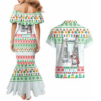 Iran Christmas Couples Matching Mermaid Dress and Hawaiian Shirt with Santa Taking Photos Ancient Columns and Snowflake Gift Pattern - Wonder Print Shop