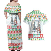 Iran Christmas Couples Matching Off Shoulder Maxi Dress and Hawaiian Shirt with Santa Taking Photos Ancient Columns and Snowflake Gift Pattern - Wonder Print Shop