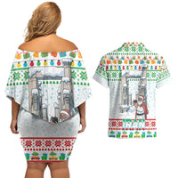 Iran Christmas Couples Matching Off Shoulder Short Dress and Hawaiian Shirt with Santa Taking Photos Ancient Columns and Snowflake Gift Pattern - Wonder Print Shop