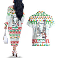 Iran Christmas Couples Matching Off The Shoulder Long Sleeve Dress and Hawaiian Shirt with Santa Taking Photos Ancient Columns and Snowflake Gift Pattern - Wonder Print Shop