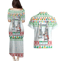 Iran Christmas Couples Matching Puletasi and Hawaiian Shirt with Santa Taking Photos Ancient Columns and Snowflake Gift Pattern - Wonder Print Shop