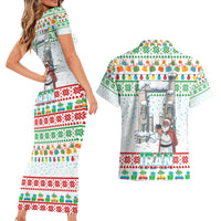 Iran Christmas Couples Matching Short Sleeve Bodycon Dress and Hawaiian Shirt with Santa Taking Photos Ancient Columns and Snowflake Gift Pattern - Wonder Print Shop