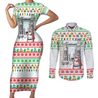 Iran Christmas Couples Matching Short Sleeve Bodycon Dress and Long Sleeve Button Shirt with Santa Taking Photos Ancient Columns and Snowflake Gift Pattern - Wonder Print Shop