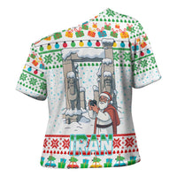 Iran Christmas Cross Shoulder Shirt with Santa Taking Photos Ancient Columns and Snowflake Gift Pattern - Wonder Print Shop
