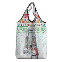 Iran Christmas Grocery Bag with Santa Taking Photos Ancient Columns and Snowflake Gift Pattern - Wonder Print Shop