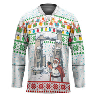Iran Christmas Hockey Jersey with Santa Taking Photos Ancient Columns and Snowflake Gift Pattern - Wonder Print Shop