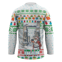 Iran Christmas Hockey Jersey with Santa Taking Photos Ancient Columns and Snowflake Gift Pattern - Wonder Print Shop