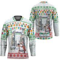 Iran Christmas Hockey Jersey with Santa Taking Photos Ancient Columns and Snowflake Gift Pattern - Wonder Print Shop