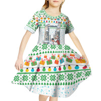 Iran Christmas Kid Short Sleeve Dress with Santa Taking Photos Ancient Columns and Snowflake Gift Pattern - Wonder Print Shop