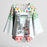 Iran Christmas Kimono Sleeve Blouse with Santa Taking Photos Ancient Columns and Snowflake Gift Pattern - Wonder Print Shop