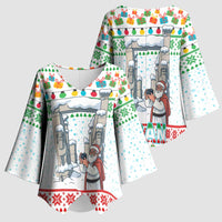 Iran Christmas Kimono Sleeve Blouse with Santa Taking Photos Ancient Columns and Snowflake Gift Pattern - Wonder Print Shop