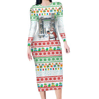 Iran Christmas Long Sleeve Bodycon Dress with Santa Taking Photos Ancient Columns and Snowflake Gift Pattern - Wonder Print Shop