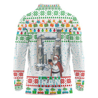 Iran Christmas Long Sleeve Polo Shirt with Santa Taking Photos Ancient Columns and Snowflake Gift Pattern - Wonder Print Shop