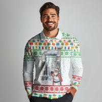 Iran Christmas Long Sleeve Polo Shirt with Santa Taking Photos Ancient Columns and Snowflake Gift Pattern - Wonder Print Shop