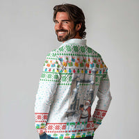 Iran Christmas Long Sleeve Polo Shirt with Santa Taking Photos Ancient Columns and Snowflake Gift Pattern - Wonder Print Shop