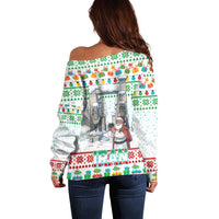 Iran Christmas Off Shoulder Sweater with Santa Taking Photos Ancient Columns and Snowflake Gift Pattern - Wonder Print Shop