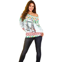 Iran Christmas Off Shoulder Sweater with Santa Taking Photos Ancient Columns and Snowflake Gift Pattern - Wonder Print Shop